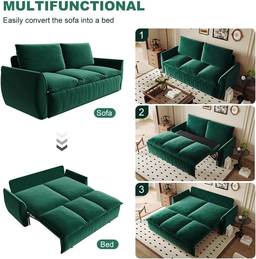 Full Size Sleeper Sofa Bed, 2 in 1 Sleeper Sofa Couch Pull Out Bed, Velvet Loveseat Couch with Armrests and 2 Pillows for Living Room, Bedroom, Apartment(Green)