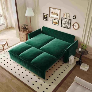 Full Size Sleeper Sofa Bed, 2 in 1 Sleeper Sofa Couch Pull Out Bed, Velvet Loveseat Couch with Armrests and 2 Pillows for Living Room, Bedroom, Apartment(Green)