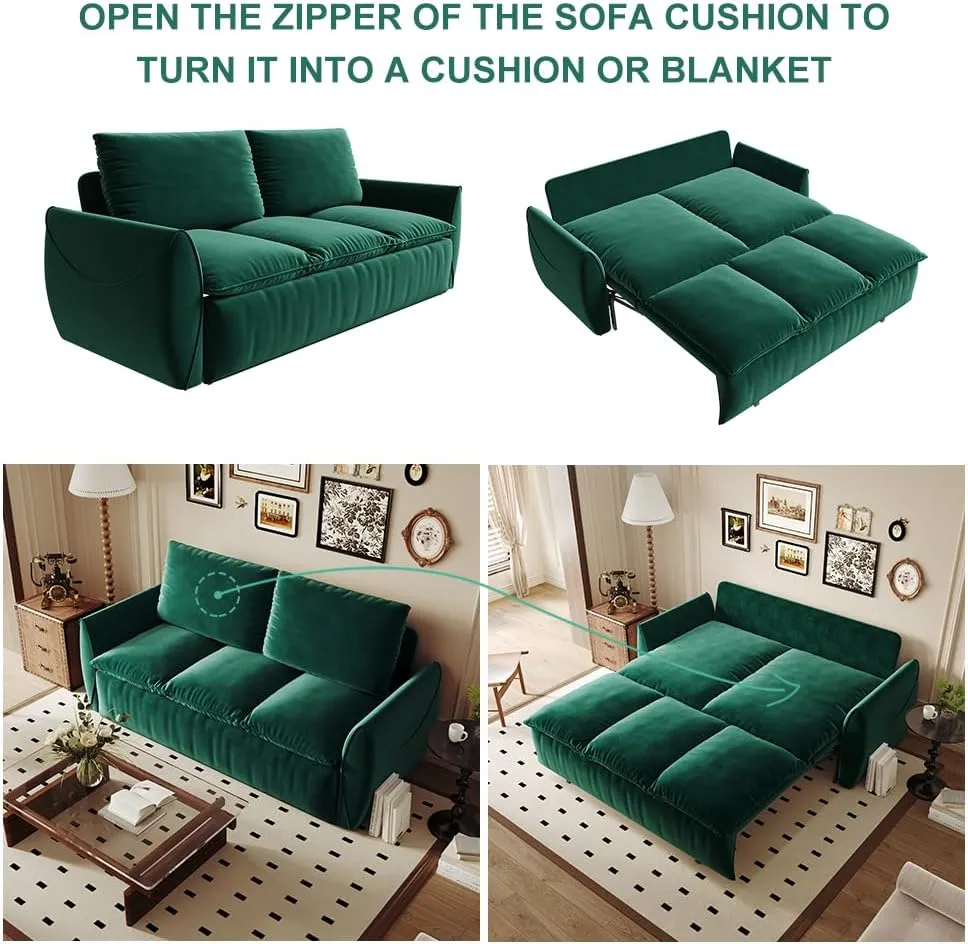 Full Size Sleeper Sofa Bed, 2 in 1 Sleeper Sofa Couch Pull Out Bed, Velvet Loveseat Couch with Armrests and 2 Pillows for Living Room, Bedroom, Apartment(Green)