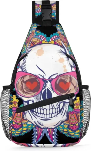 Fun Skull Flowers Sling Bag for Women Men Crossbody Sling Backpack Shoulder Bag Chest Bag Daypack for Travel Hiking Outdoor