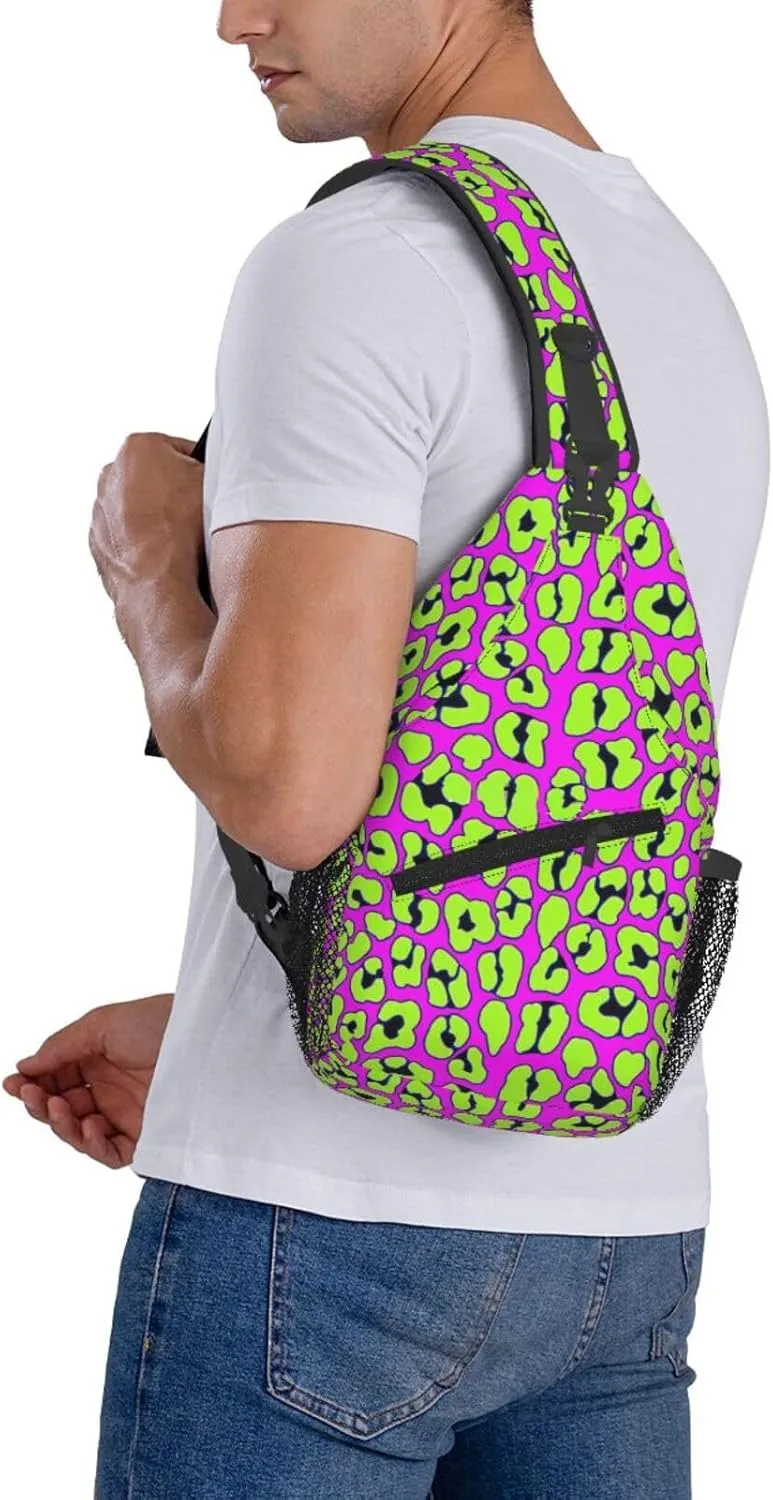 Funky Pink And Green Leopard Chest Sling Bag Crossbody Shoulder Backpack Bag Gym Cycling Travel Hiking Daypack Cross Bag