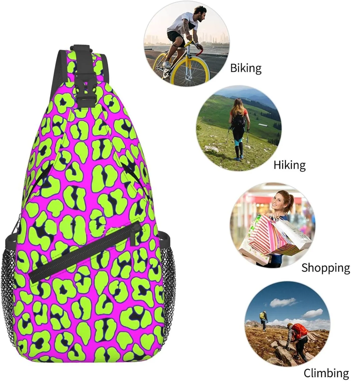 Funky Pink And Green Leopard Chest Sling Bag Crossbody Shoulder Backpack Bag Gym Cycling Travel Hiking Daypack Cross Bag