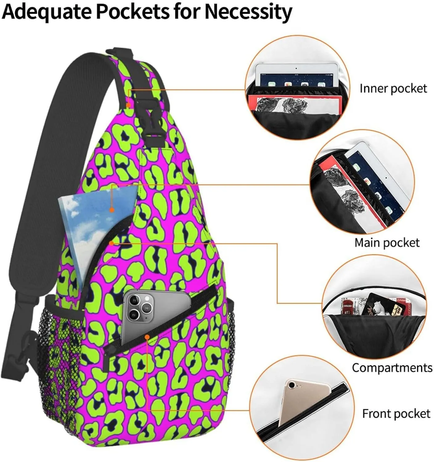 Funky Pink And Green Leopard Chest Sling Bag Crossbody Shoulder Backpack Bag Gym Cycling Travel Hiking Daypack Cross Bag