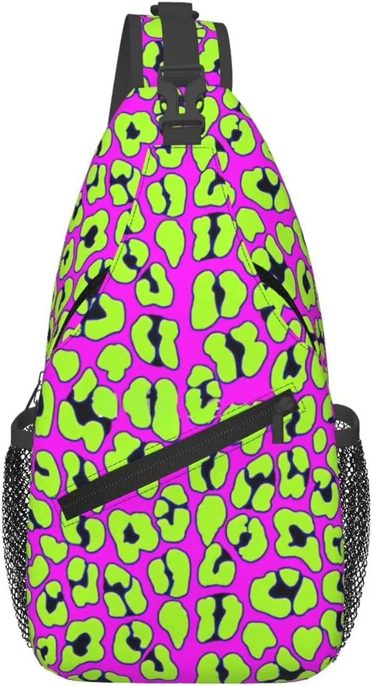 Funky Pink And Green Leopard Chest Sling Bag Crossbody Shoulder Backpack Bag Gym Cycling Travel Hiking Daypack Cross Bag