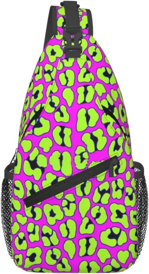 Funky Pink And Green Leopard Chest Sling Bag Crossbody Shoulder Backpack Bag Gym Cycling Travel Hiking Daypack Cross Bag