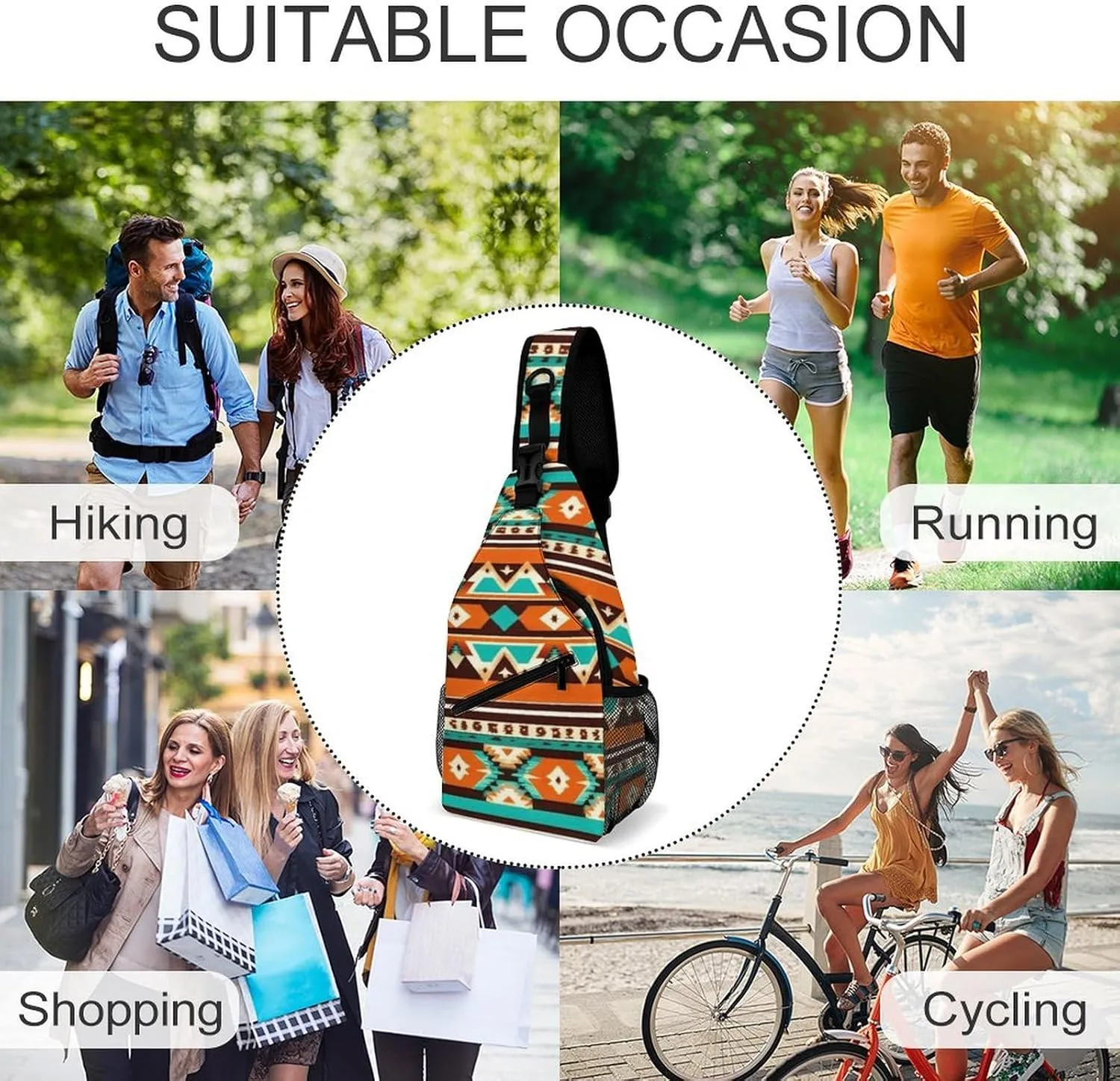 Funny Tribal Navajo Indiana Western Southwest Ethnic Chest Bag for Sports, Women Men Causal Sling Bag Shoulder Pack Crossbody Backpack with Detachable Buckles for Hiking Daypack