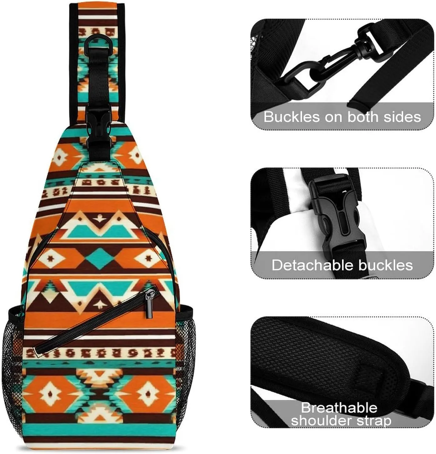 Funny Tribal Navajo Indiana Western Southwest Ethnic Chest Bag for Sports, Women Men Causal Sling Bag Shoulder Pack Crossbody Backpack with Detachable Buckles for Hiking Daypack
