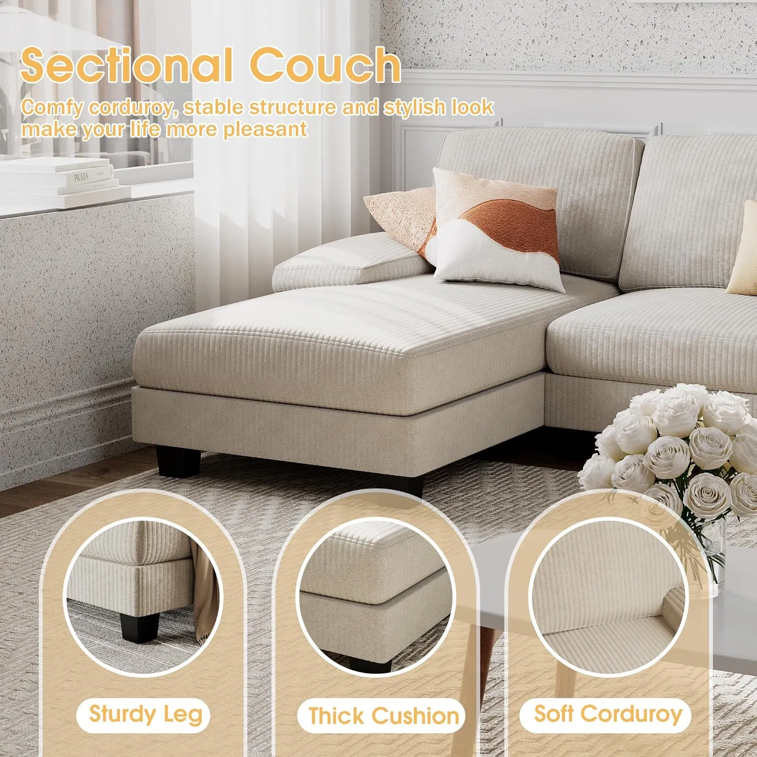 Furniwell Convertible Sectional Sofa Couch, 4 Seat Sofa Set for Living Room U-Shaped Modern Fabric Modular Sofa Sleeper with Double Chaise & Memory Foam (Corduroy, Beige)