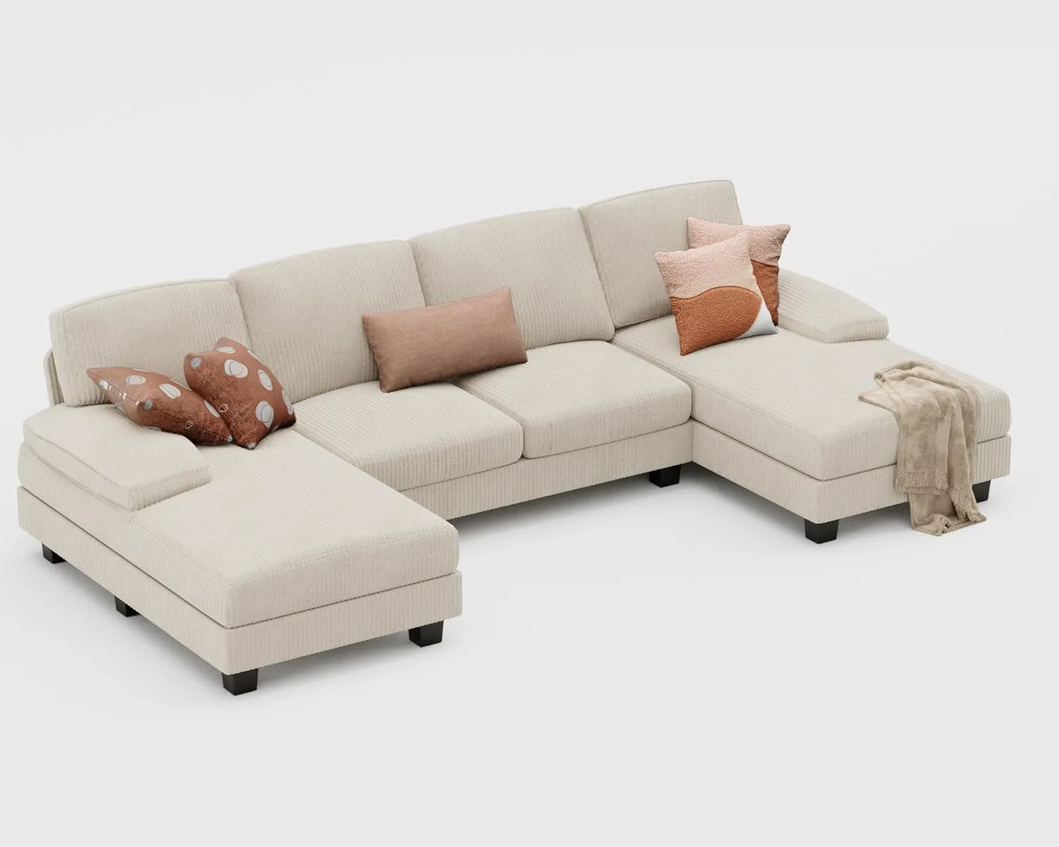 Furniwell Convertible Sectional Sofa Couch, 4 Seat Sofa Set for Living Room U-Shaped Modern Fabric Modular Sofa Sleeper with Double Chaise & Memory Foam (Corduroy, Beige)