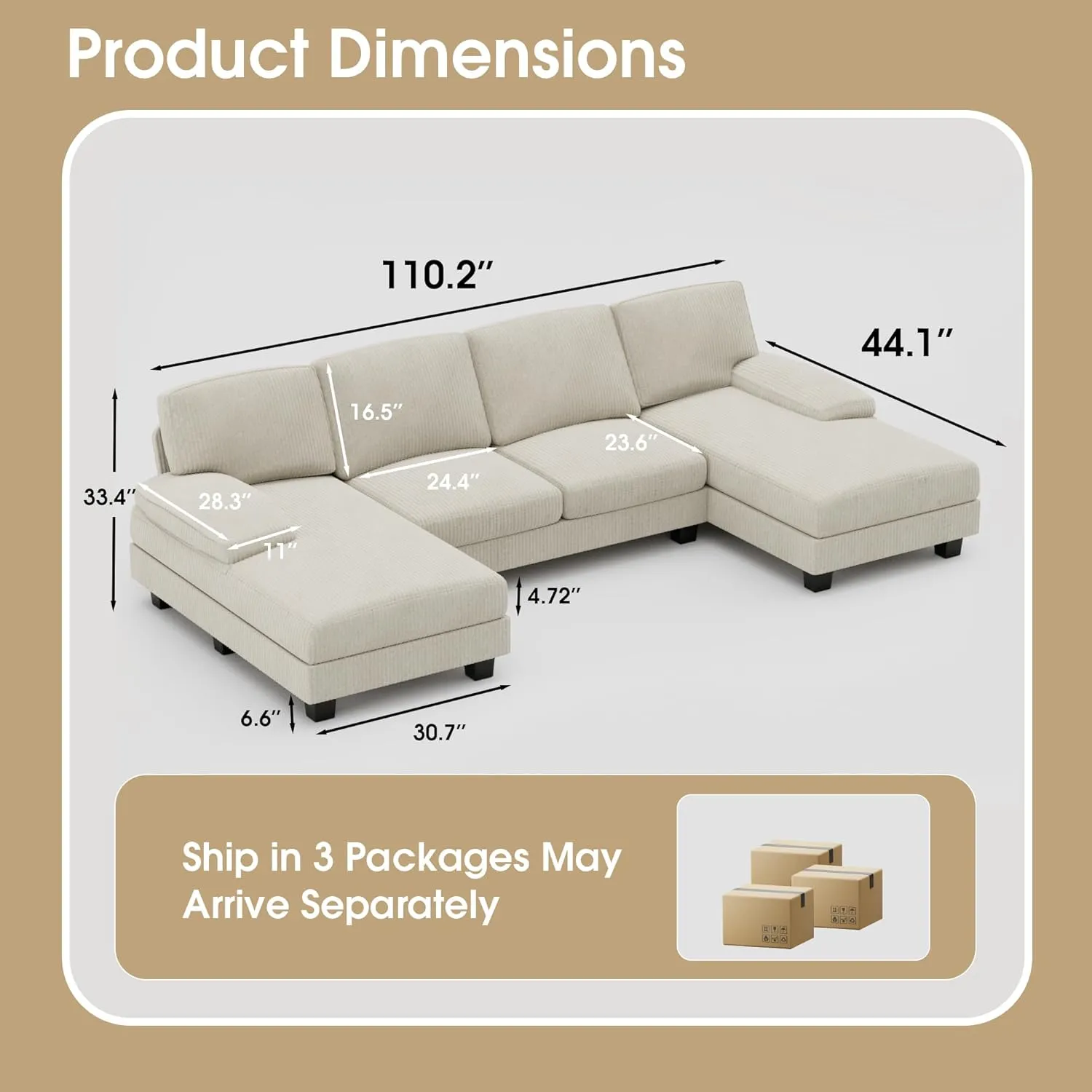 Furniwell Convertible Sectional Sofa Couch, 4 Seat Sofa Set for Living Room U-Shaped Modern Fabric Modular Sofa Sleeper with Double Chaise & Memory Foam (Corduroy, Beige)