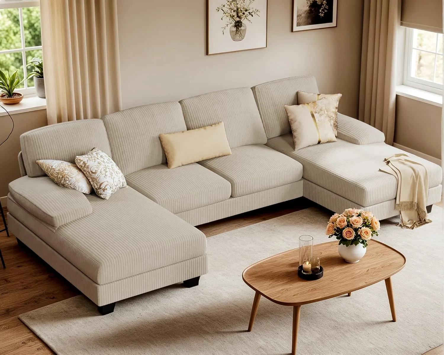 Furniwell Convertible Sectional Sofa Couch, 4 Seat Sofa Set for Living Room U-Shaped Modern Fabric Modular Sofa Sleeper with Double Chaise & Memory Foam (Corduroy, Beige)