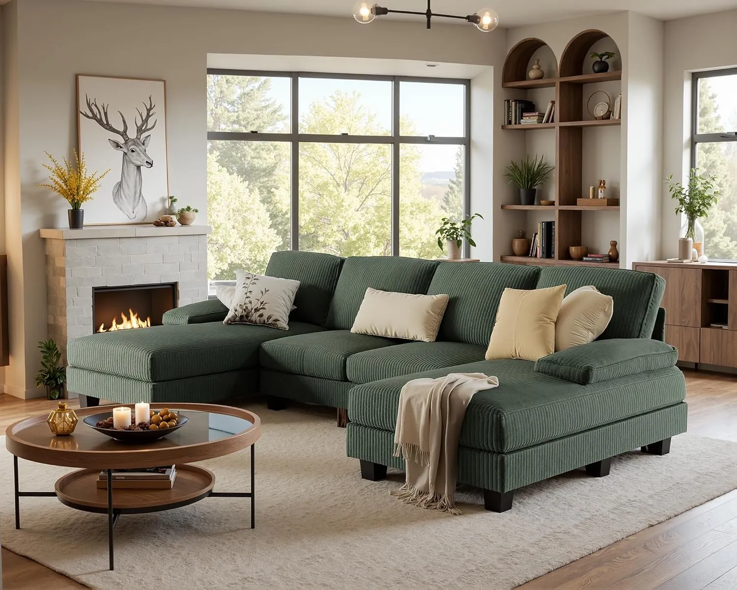 Furniwell Convertible Sectional Sofa Couch, 4 Seat Sofa Set for Living Room U-Shaped Modern Fabric Modular Sofa Sleeper with Double Chaise & Memory Foam (Corduroy, Deep Green)