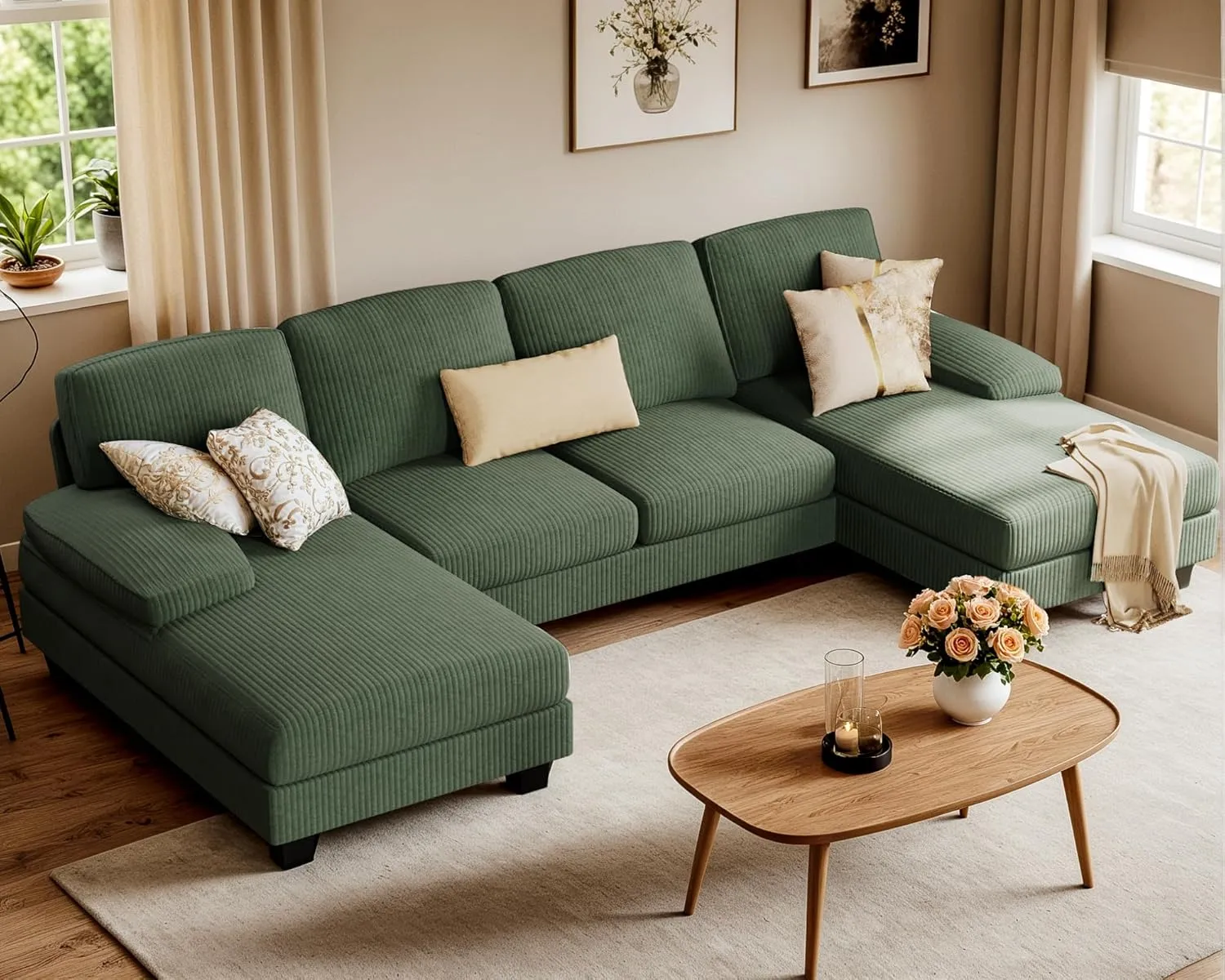 Furniwell Convertible Sectional Sofa Couch, 4 Seat Sofa Set for Living Room U-Shaped Modern Fabric Modular Sofa Sleeper with Double Chaise & Memory Foam (Corduroy, Deep Green)