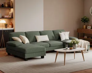 Furniwell Convertible Sectional Sofa Couch, 4 Seat Sofa Set for Living Room U-Shaped Modern Fabric Modular Sofa Sleeper with Double Chaise & Memory Foam (Corduroy, Deep Green)