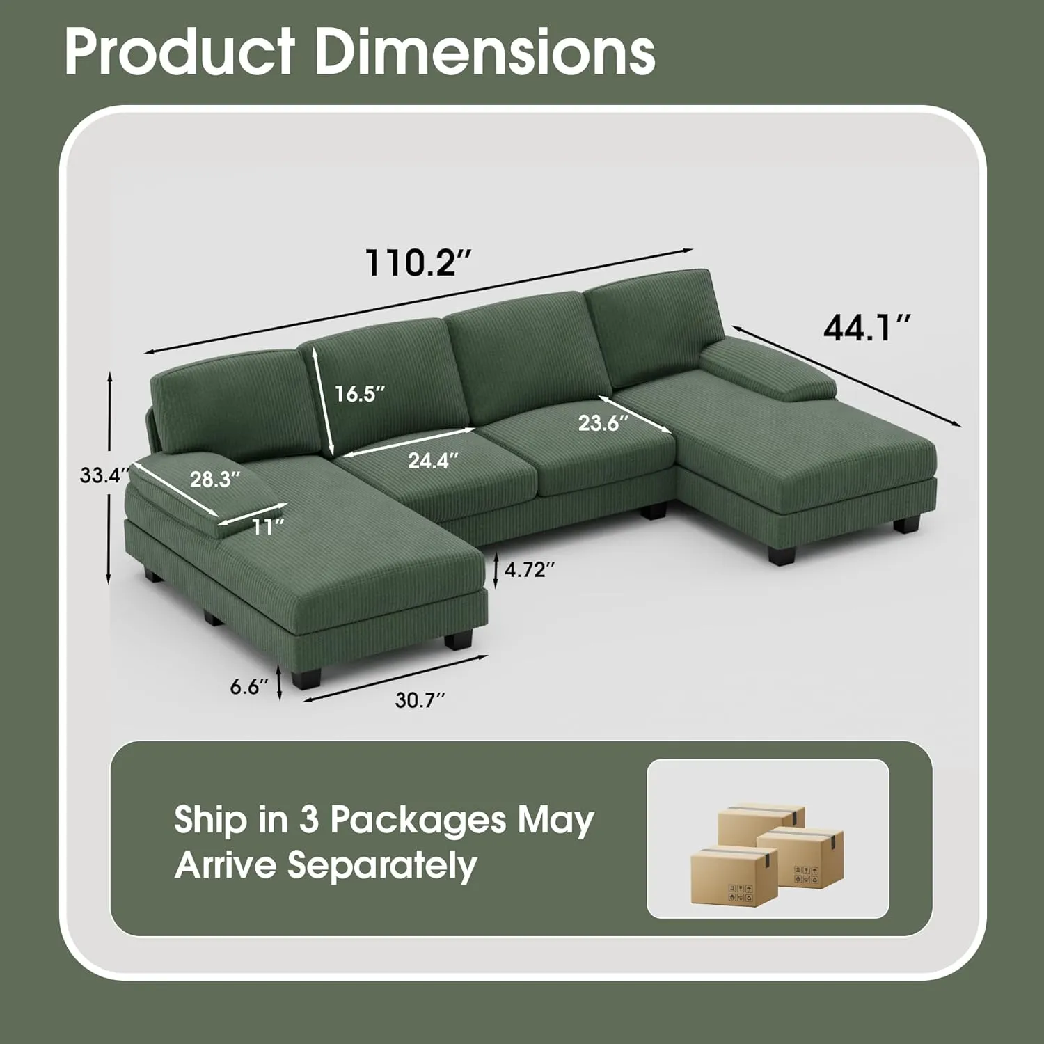 Furniwell Convertible Sectional Sofa Couch, 4 Seat Sofa Set for Living Room U-Shaped Modern Fabric Modular Sofa Sleeper with Double Chaise & Memory Foam (Corduroy, Deep Green)