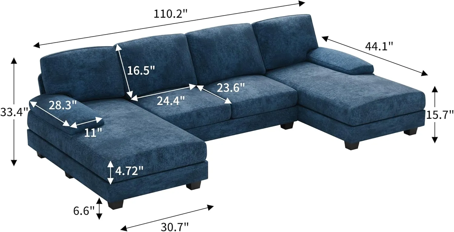 Furniwell Convertible Sectional Sofa Couch, 4 Seat Sofa Set for Living Room U-Shaped Modern Fabric Modular Sofa Sleeper with Double Chaise & Memory Foam (Fabric, Blue)