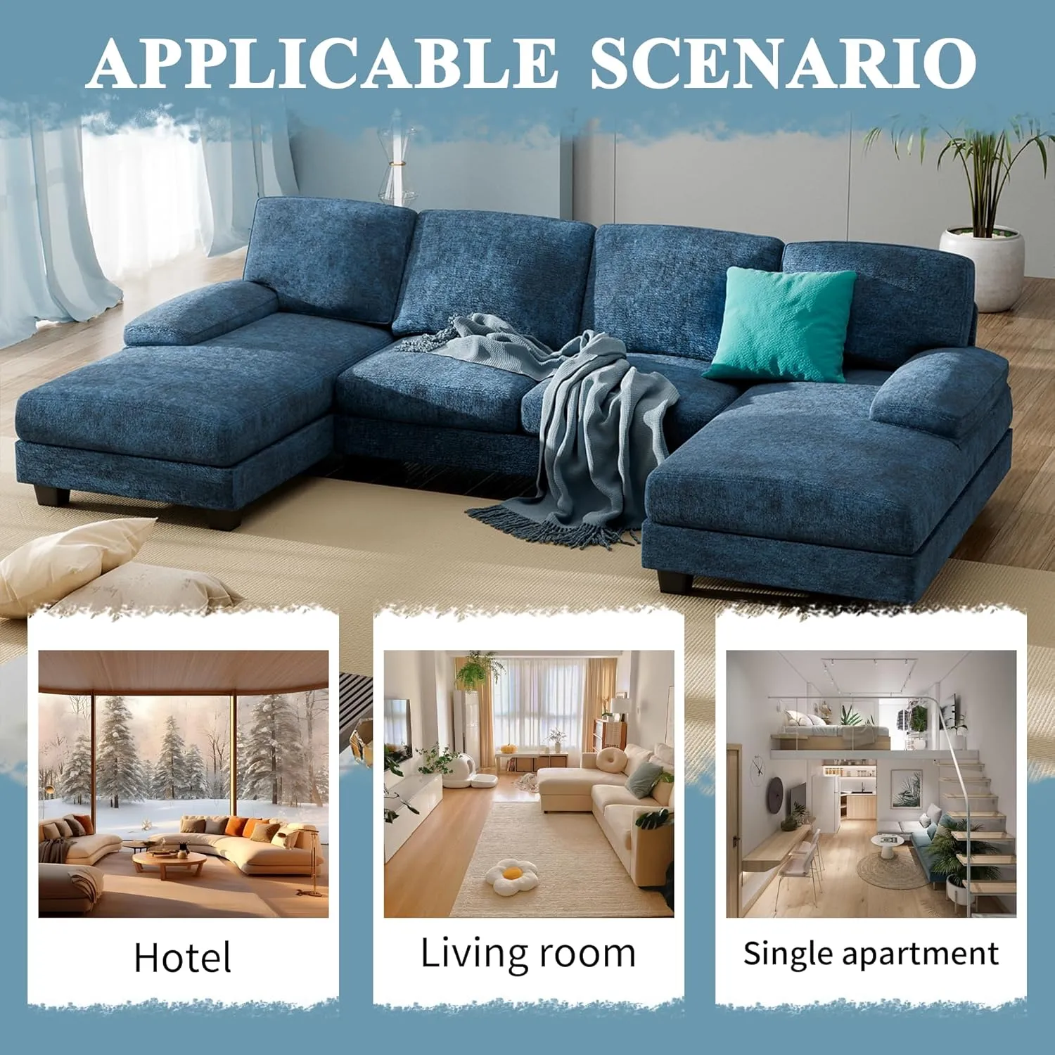 Furniwell Convertible Sectional Sofa Couch, 4 Seat Sofa Set for Living Room U-Shaped Modern Fabric Modular Sofa Sleeper with Double Chaise & Memory Foam (Fabric, Blue)