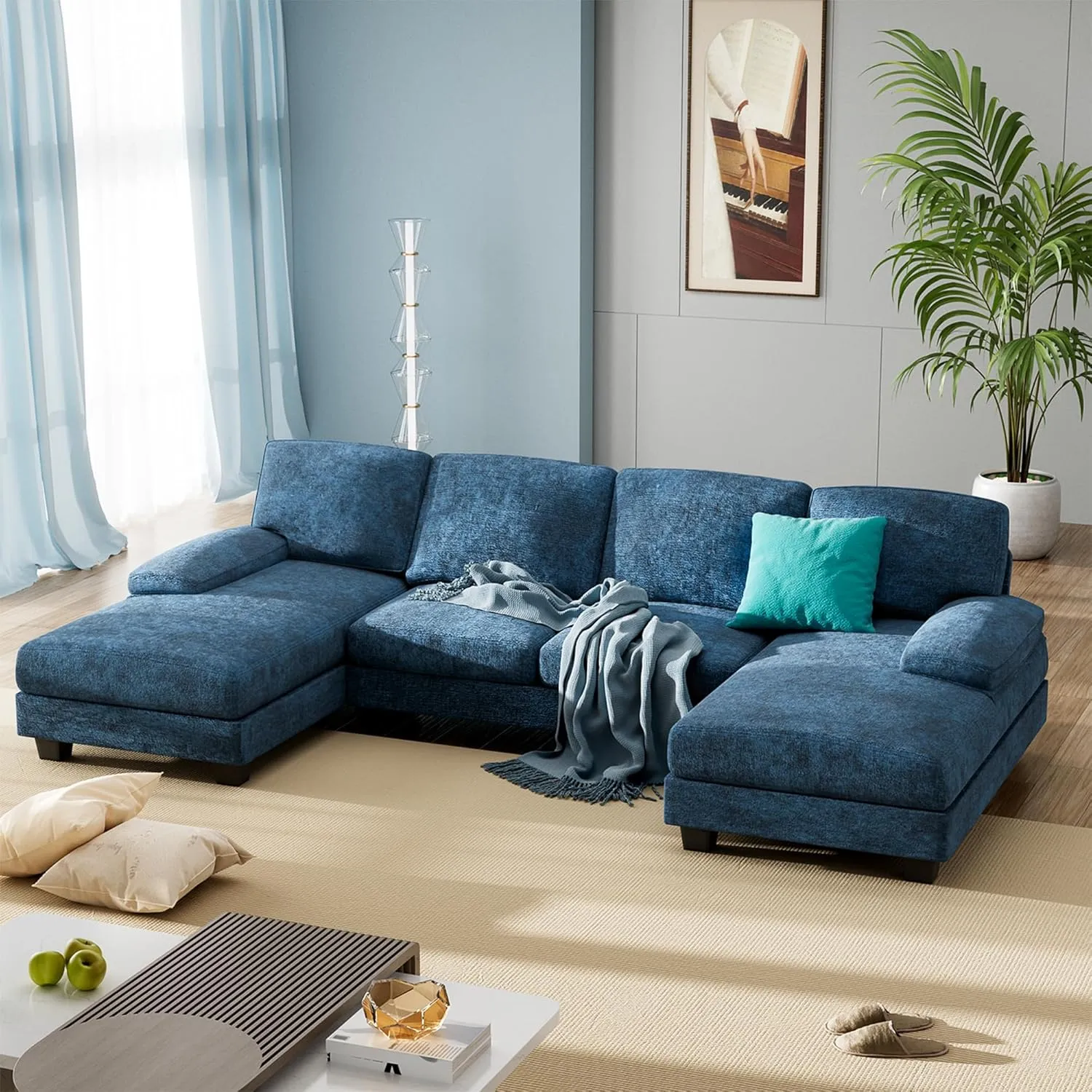 Furniwell Convertible Sectional Sofa Couch, 4 Seat Sofa Set for Living Room U-Shaped Modern Fabric Modular Sofa Sleeper with Double Chaise & Memory Foam (Fabric, Blue)