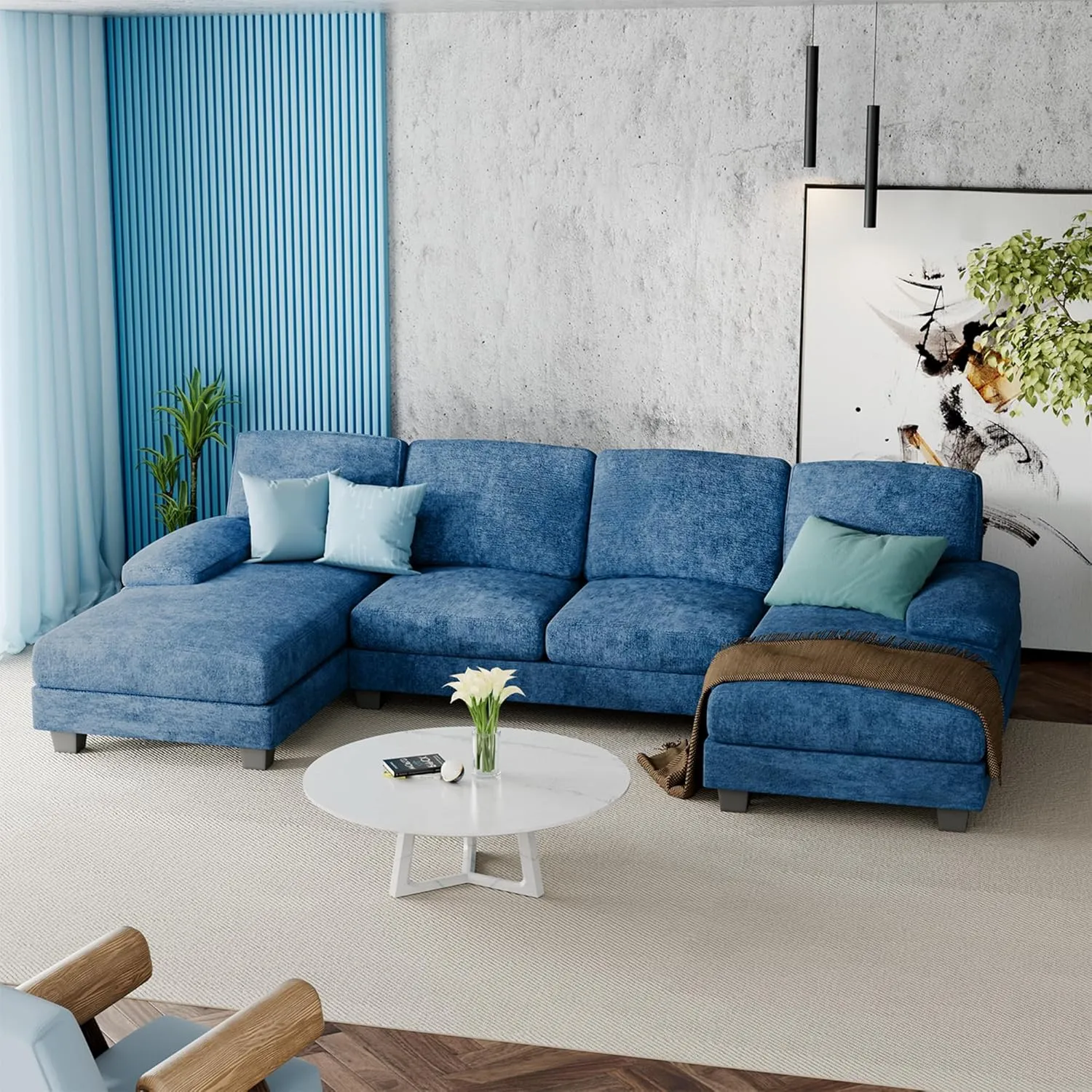 Furniwell Convertible Sectional Sofa Couch, 4 Seat Sofa Set for Living Room U-Shaped Modern Fabric Modular Sofa Sleeper with Double Chaise & Memory Foam (Fabric, Blue)
