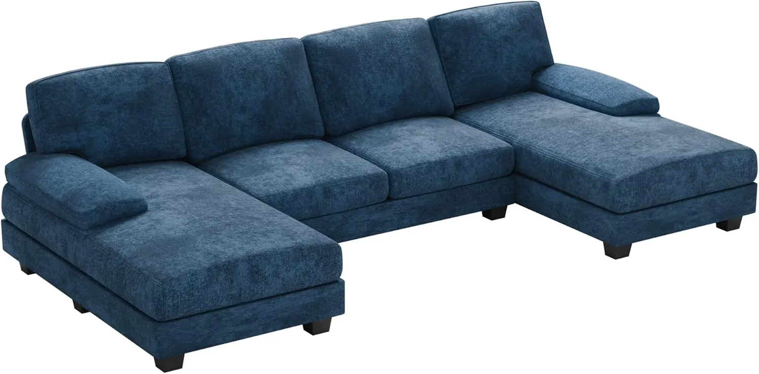 Furniwell Convertible Sectional Sofa Couch, 4 Seat Sofa Set for Living Room U-Shaped Modern Fabric Modular Sofa Sleeper with Double Chaise & Memory Foam (Fabric, Blue)