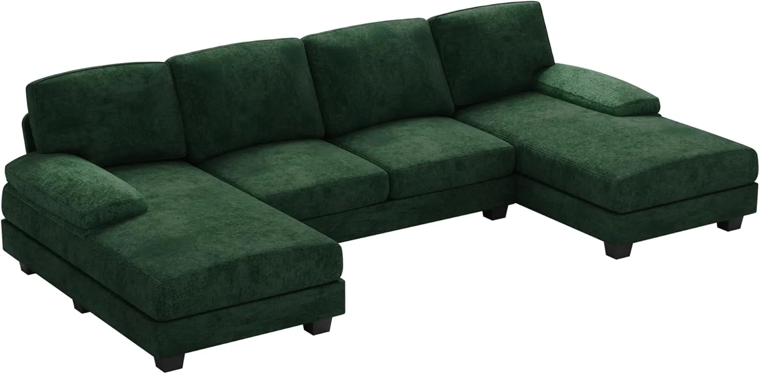 Furniwell Convertible Sectional Sofa Couch, 4 Seat Sofa Set for Living Room U-Shaped Modern Fabric Modular Sofa Sleeper with Double Chaise & Memory Foam (Fabric, Dark Green)
