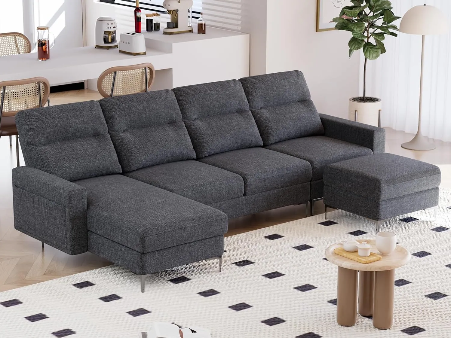 Furniwell Convertible Sectional Sofa Couch, 4 Seat Sofa Set for Living Room U-Shaped Modern Fabric Modular Sofa Sleeper with Double Chaise & Memory Foam (Fabric, Dark Grey)