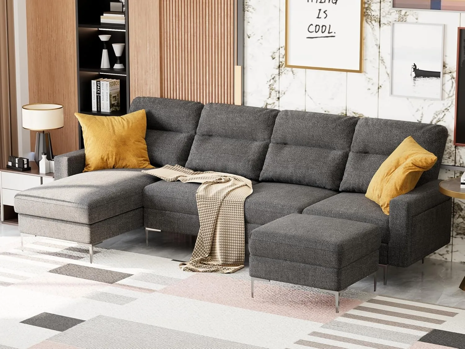 Furniwell Convertible Sectional Sofa Couch, 4 Seat Sofa Set for Living Room U-Shaped Modern Fabric Modular Sofa Sleeper with Double Chaise & Memory Foam (Fabric, Dark Grey)