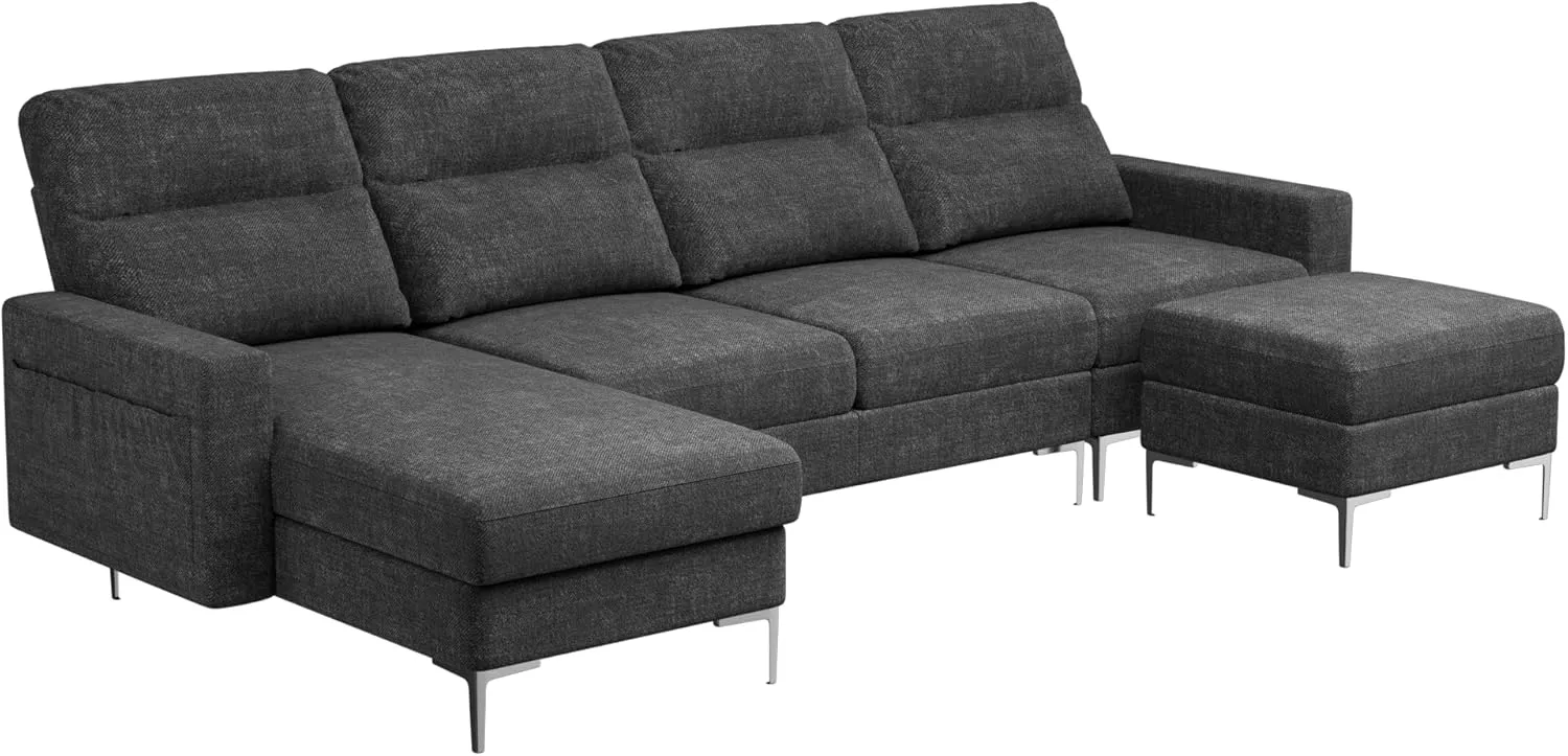 Furniwell Convertible Sectional Sofa Couch, 4 Seat Sofa Set for Living Room U-Shaped Modern Fabric Modular Sofa Sleeper with Double Chaise & Memory Foam (Fabric, Dark Grey)