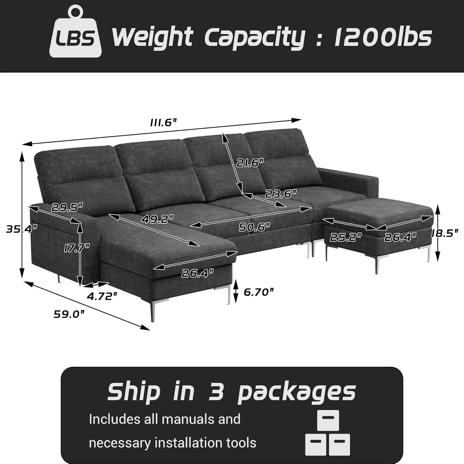 Furniwell Convertible Sectional Sofa Couch, 4 Seat Sofa Set for Living Room U-Shaped Modern Fabric Modular Sofa Sleeper with Double Chaise & Memory Foam (Fabric, Dark Grey)