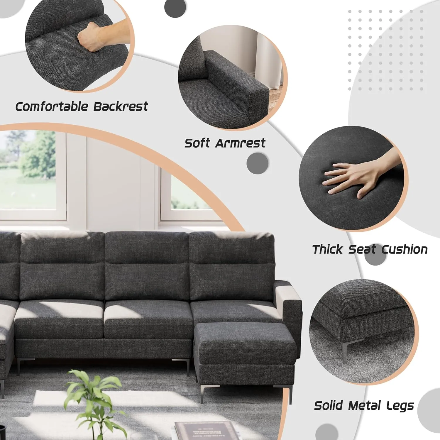 Furniwell Convertible Sectional Sofa Couch, 4 Seat Sofa Set for Living Room U-Shaped Modern Fabric Modular Sofa Sleeper with Double Chaise & Memory Foam (Fabric, Dark Grey)