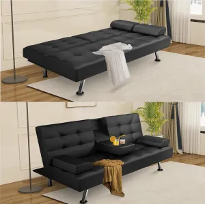 Futon Sofa Bed, Leather Futon Couch with Removable Armrests, Adjustable Sleeper Sofa Bed with Dual Cup Holders, Convertible Loveseat Metal Legs for Living Room, Bedroom, Apartment, Black