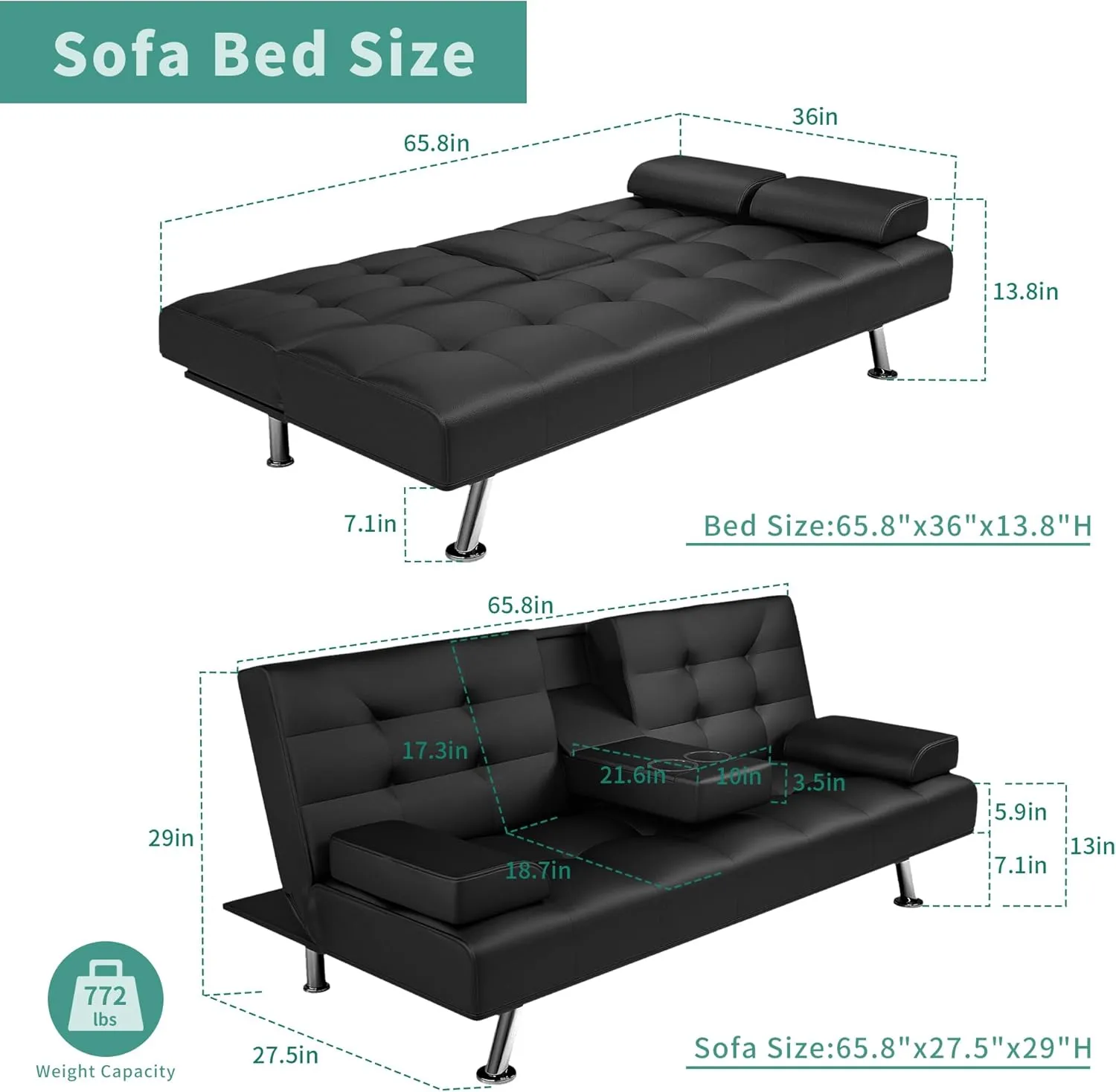 Futon Sofa Bed, Leather Futon Couch with Removable Armrests, Adjustable Sleeper Sofa Bed with Dual Cup Holders, Convertible Loveseat Metal Legs for Living Room, Bedroom, Apartment, Black