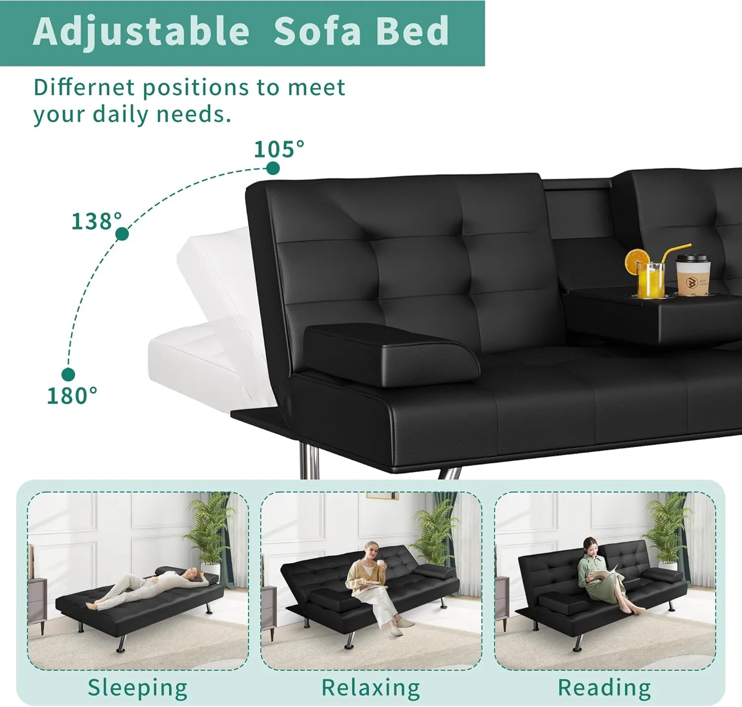 Futon Sofa Bed, Leather Futon Couch with Removable Armrests, Adjustable Sleeper Sofa Bed with Dual Cup Holders, Convertible Loveseat Metal Legs for Living Room, Bedroom, Apartment, Black