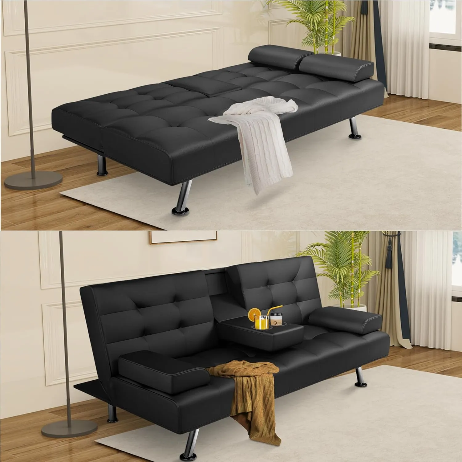 Futon Sofa Bed, Leather Futon Couch with Removable Armrests, Adjustable Sleeper Sofa Bed with Dual Cup Holders, Convertible Loveseat Metal Legs for Living Room, Bedroom, Apartment, Black