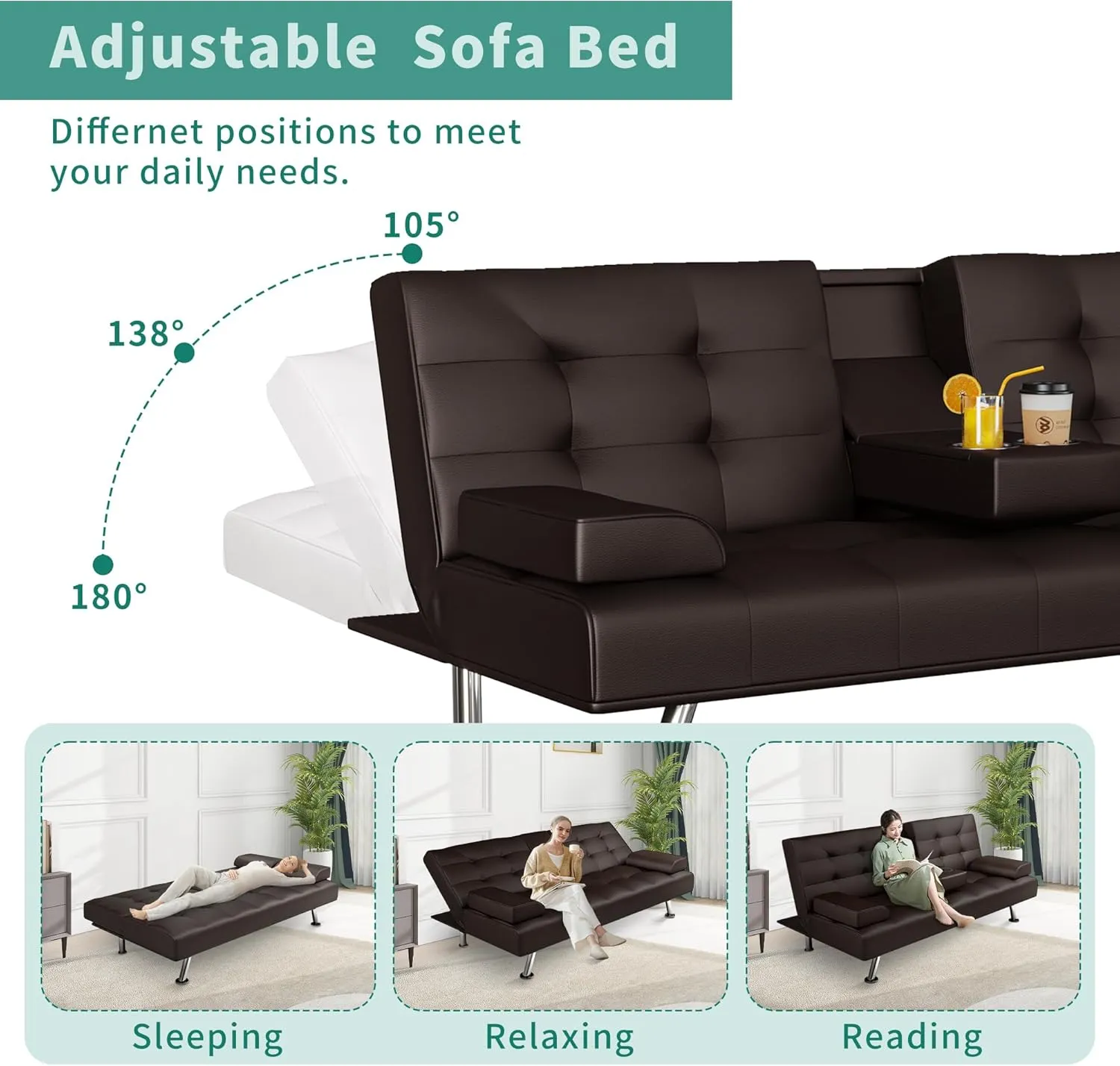 Futon Sofa Bed, Leather Futon Couch with Removable Armrests, Adjustable Sleeper Sofa Bed with Dual Cup Holders, Convertible Loveseat Metal Legs for Living Room, Bedroom, Apartment (Brown)