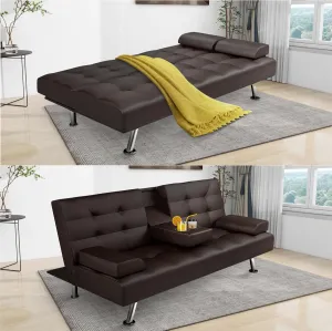 Futon Sofa Bed, Leather Futon Couch with Removable Armrests, Adjustable Sleeper Sofa Bed with Dual Cup Holders, Convertible Loveseat Metal Legs for Living Room, Bedroom, Apartment (Brown)
