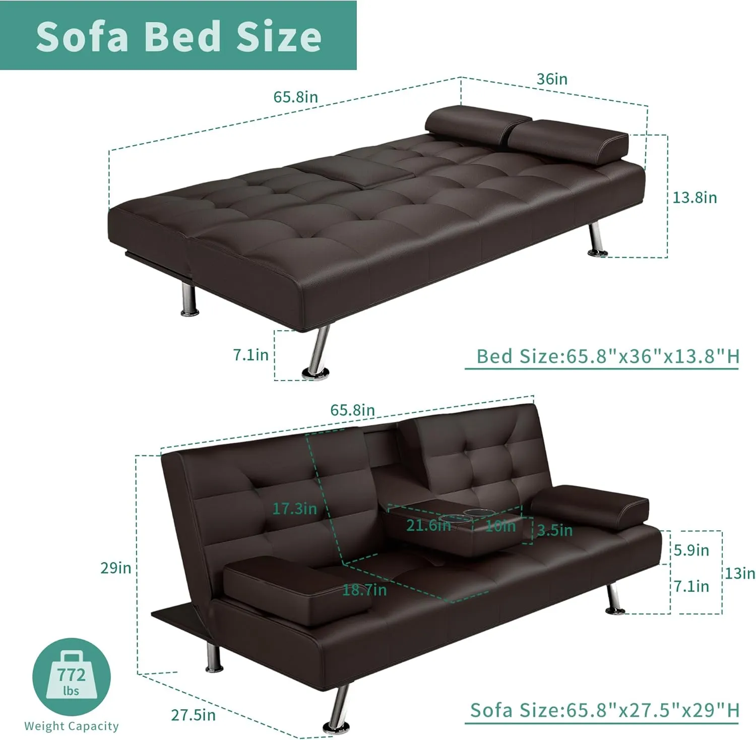 Futon Sofa Bed, Leather Futon Couch with Removable Armrests, Adjustable Sleeper Sofa Bed with Dual Cup Holders, Convertible Loveseat Metal Legs for Living Room, Bedroom, Apartment (Brown)