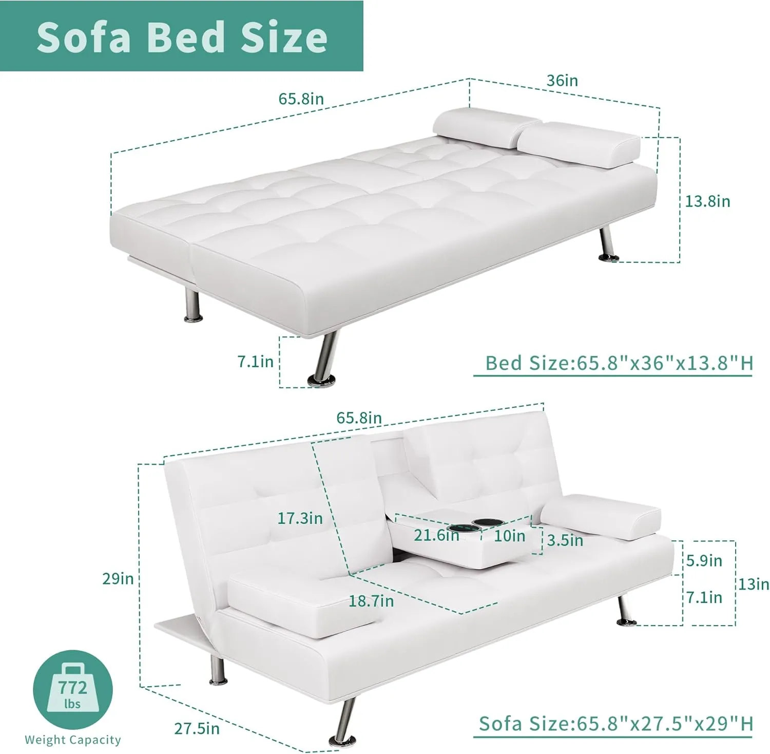 Futon Sofa Bed, Leather Futon Couch with Removable Armrests, Adjustable Sleeper Sofa Bed with Dual Cup Holders, Convertible Loveseat Metal Legs for Living Room, Bedroom, Apartment (White)
