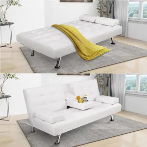 Futon Sofa Bed, Leather Futon Couch with Removable Armrests, Adjustable Sleeper Sofa Bed with Dual Cup Holders, Convertible Loveseat Metal Legs for Living Room, Bedroom, Apartment (White)