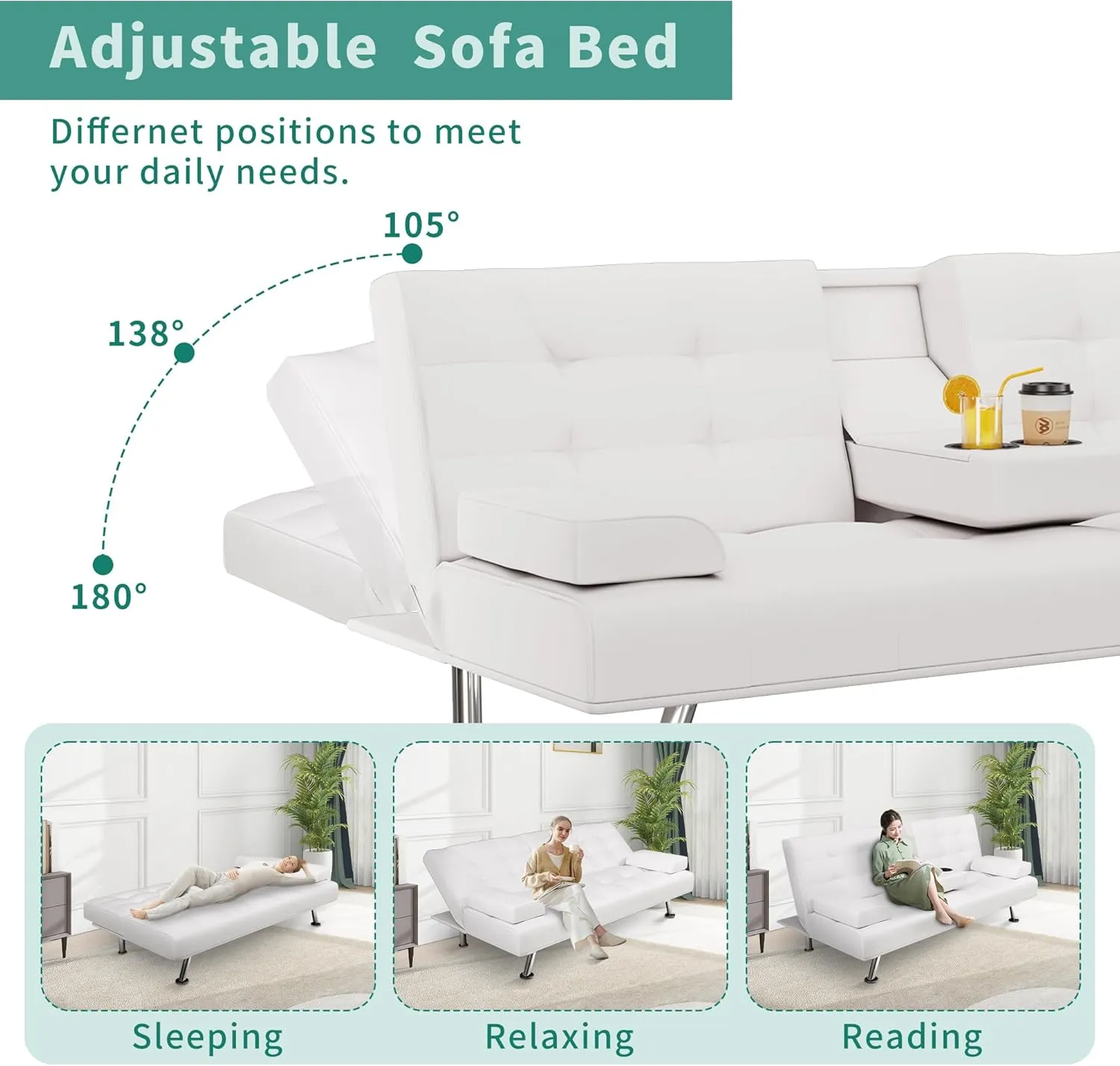 Futon Sofa Bed, Leather Futon Couch with Removable Armrests, Adjustable Sleeper Sofa Bed with Dual Cup Holders, Convertible Loveseat Metal Legs for Living Room, Bedroom, Apartment (White)