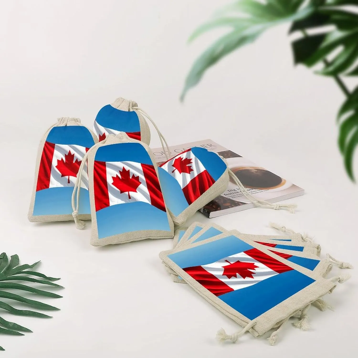 FZQVSGW 8 Pack Favors Bags Retro Canada Flag Burlap Bags Reusable Drawstring Gift Bag for Party Decorations