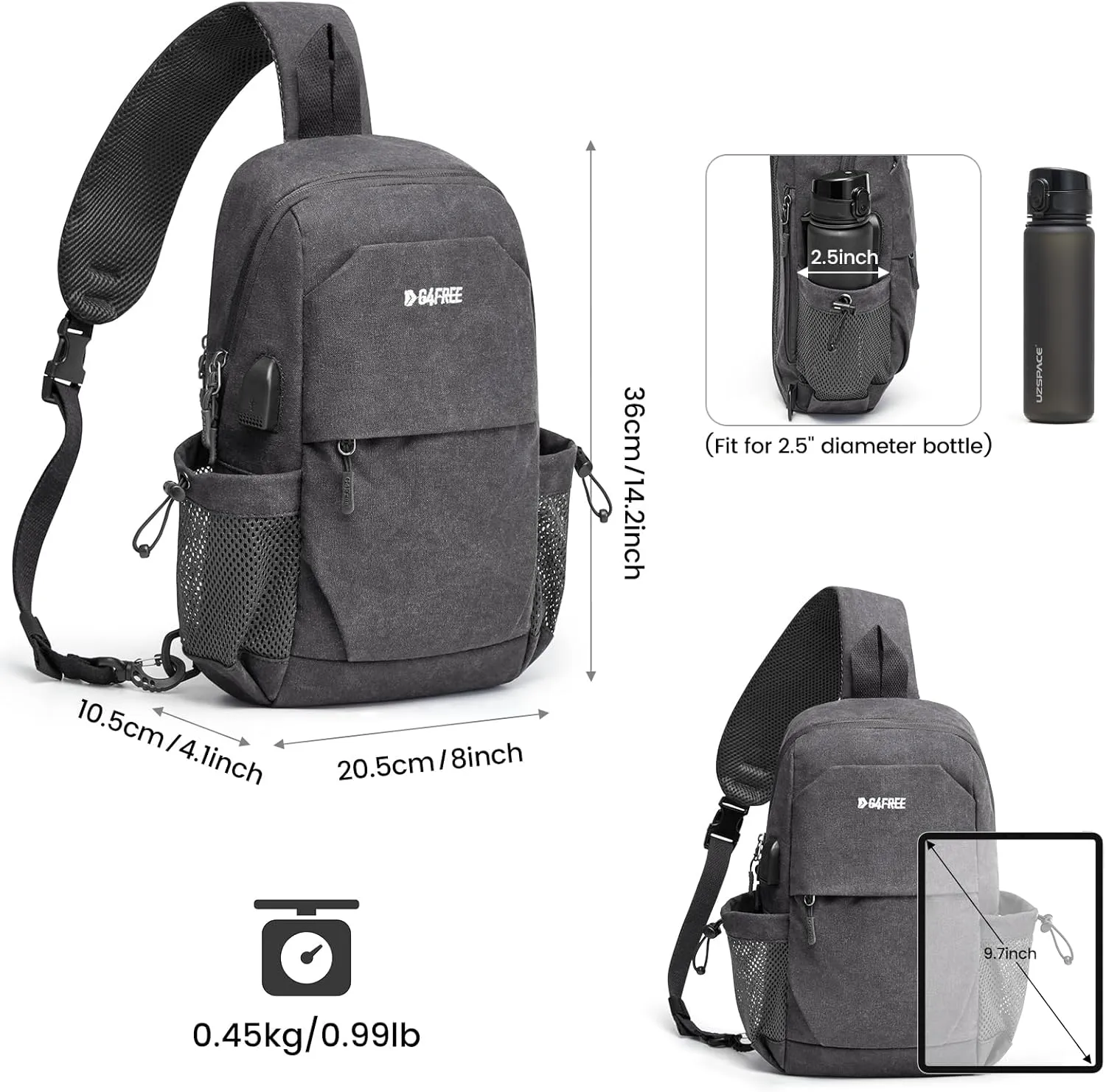 G4Free Canvas Sling Bag Crossbody Backpack Shoulder Bag for Men Women with Anti-theft Pocket & USB Charge Port