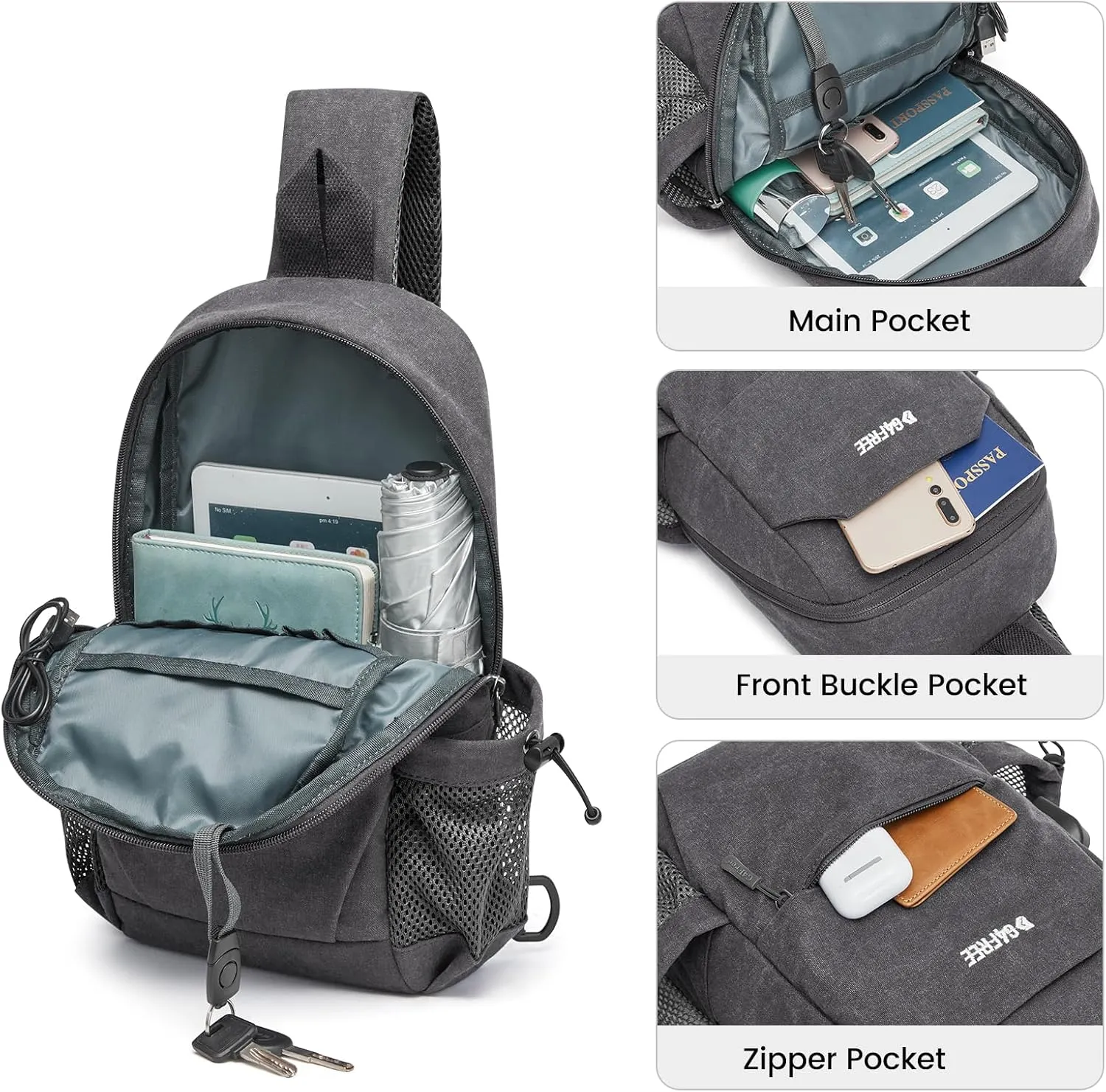 G4Free Canvas Sling Bag Crossbody Backpack Shoulder Bag for Men Women with Anti-theft Pocket & USB Charge Port