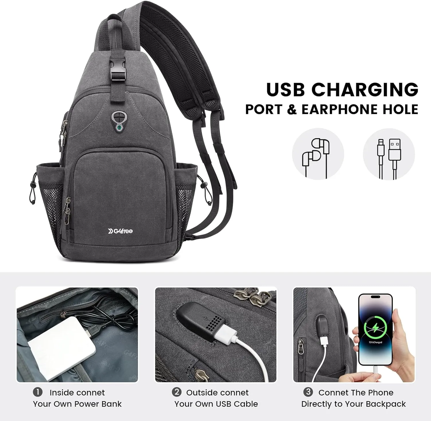 G4Free Sling Bag Canvas Crossbody Backpack with USB Charging Port, Convertible Chest Bag Casual Daypack for Travel Outdoor Cycling Hiking(Dark Grey)