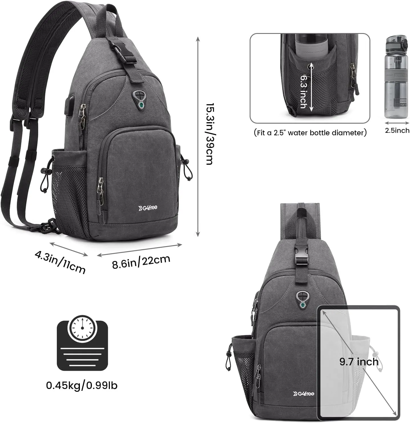 G4Free Sling Bag Canvas Crossbody Backpack with USB Charging Port, Convertible Chest Bag Casual Daypack for Travel Outdoor Cycling Hiking(Dark Grey)