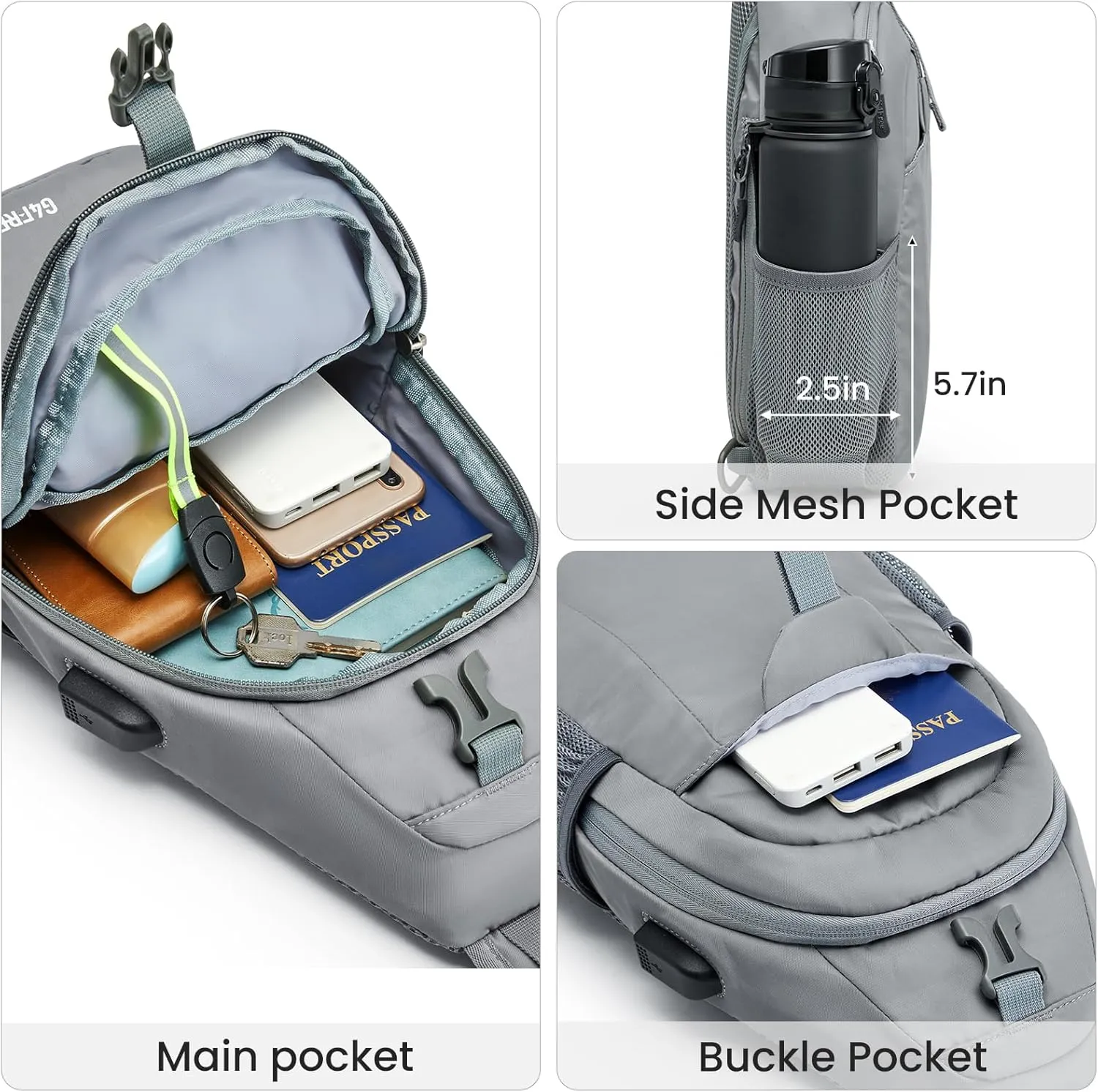 G4Free Sling Bag RFID Crossbody Sling Backpack with USB Charging Port, Travel Hiking Daypack Shoulder Chest Bag for Women Men(Gray)