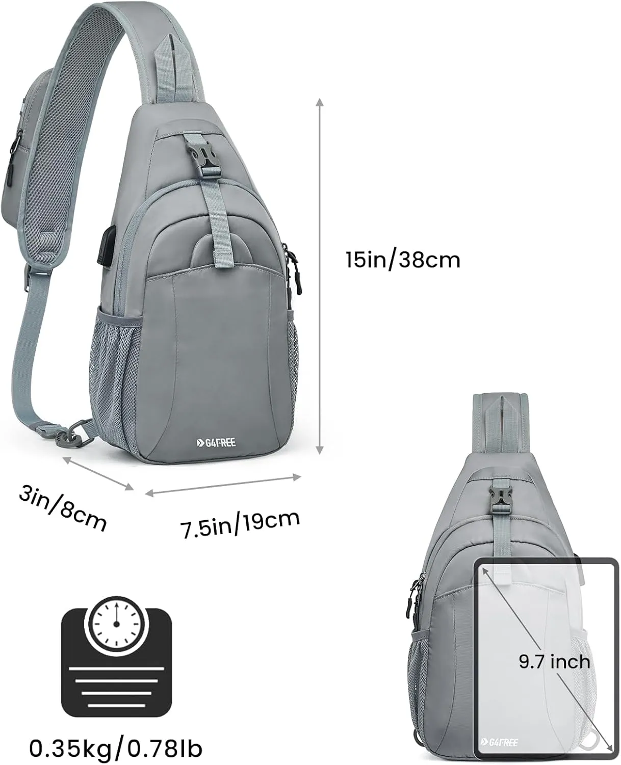 G4Free Sling Bag RFID Crossbody Sling Backpack with USB Charging Port, Travel Hiking Daypack Shoulder Chest Bag for Women Men(Gray)