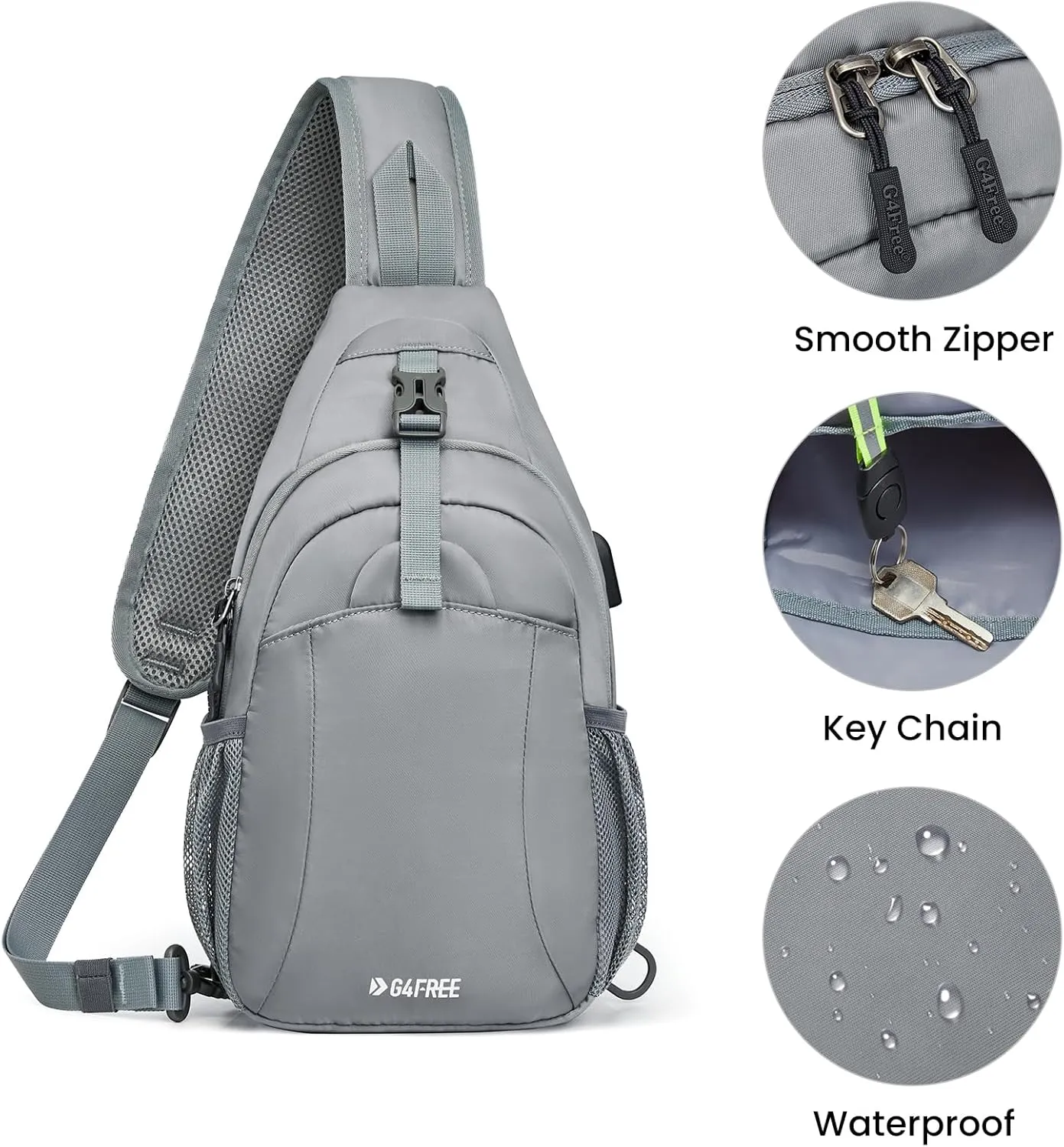 G4Free Sling Bag RFID Crossbody Sling Backpack with USB Charging Port, Travel Hiking Daypack Shoulder Chest Bag for Women Men(Gray)