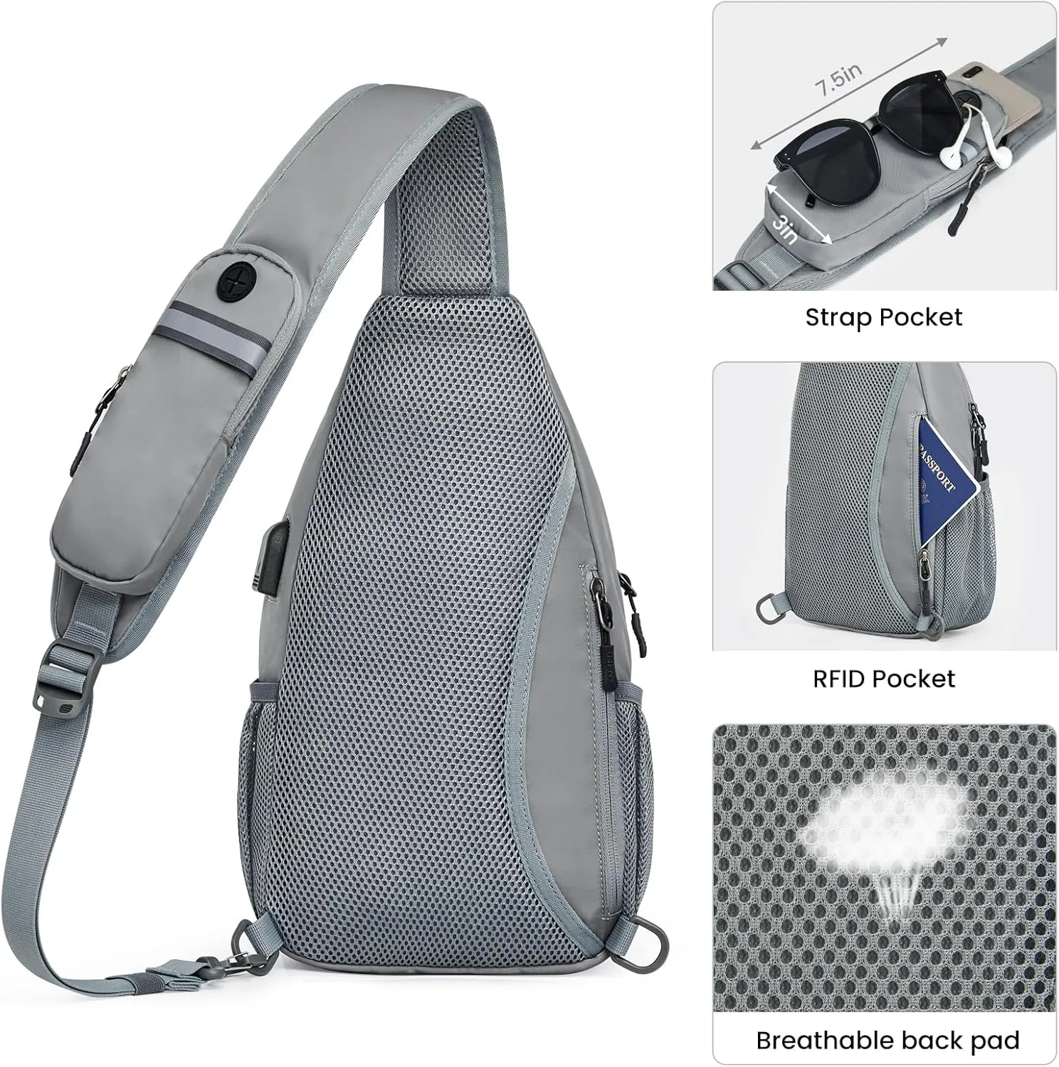 G4Free Sling Bag RFID Crossbody Sling Backpack with USB Charging Port, Travel Hiking Daypack Shoulder Chest Bag for Women Men(Gray)
