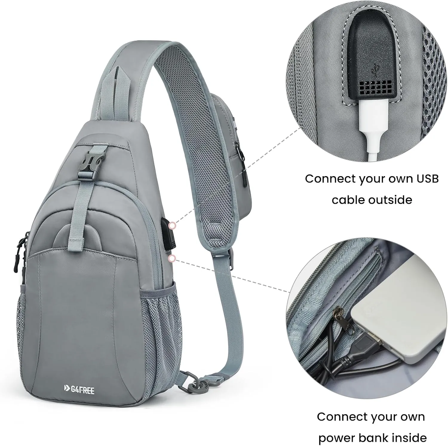 G4Free Sling Bag RFID Crossbody Sling Backpack with USB Charging Port, Travel Hiking Daypack Shoulder Chest Bag for Women Men(Gray)